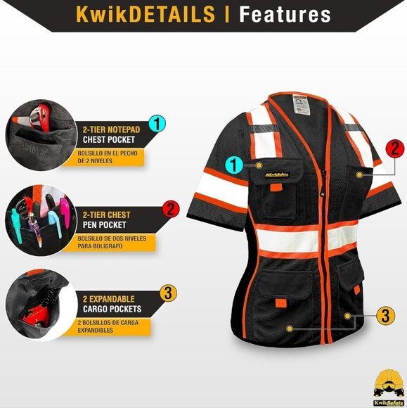 KwikSafety Women's High Vis Black/Orange Safety Vest Short Sleeve - Picture 4 of 6